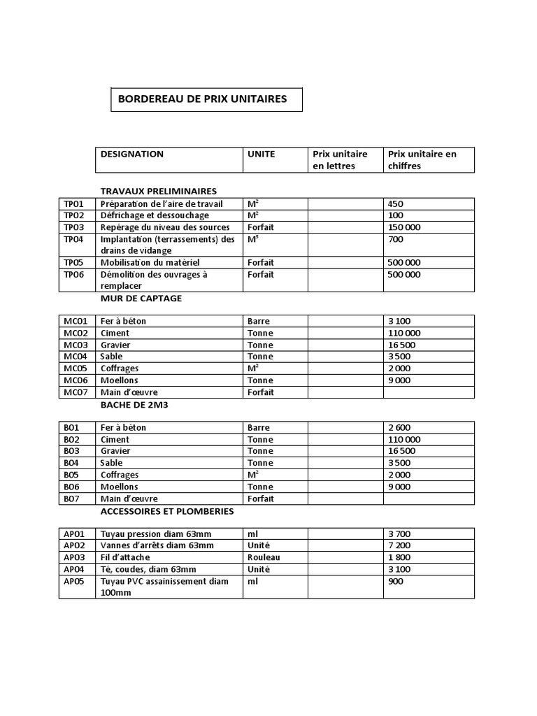 Bordereau de Prix Unitaire Bâtiment 2023 | PDF | Plomberie | Loisirs