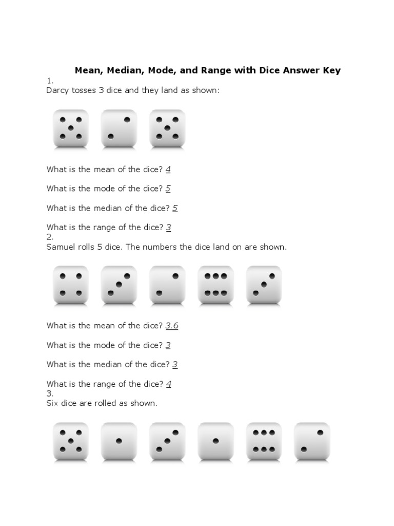 Mean, Median, Mode, and Range With Dice Answer Key PDF Nervous