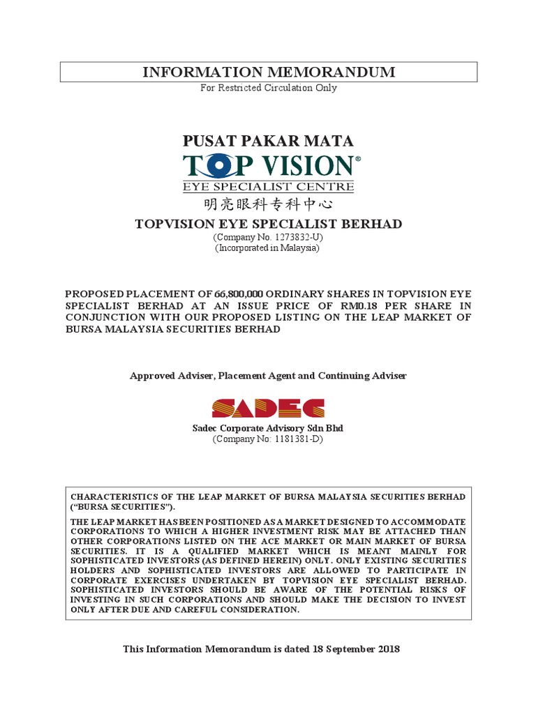 Topvision Eye Specialist Berhad Information Memorandum 2 Pdf Ophthalmology Eye