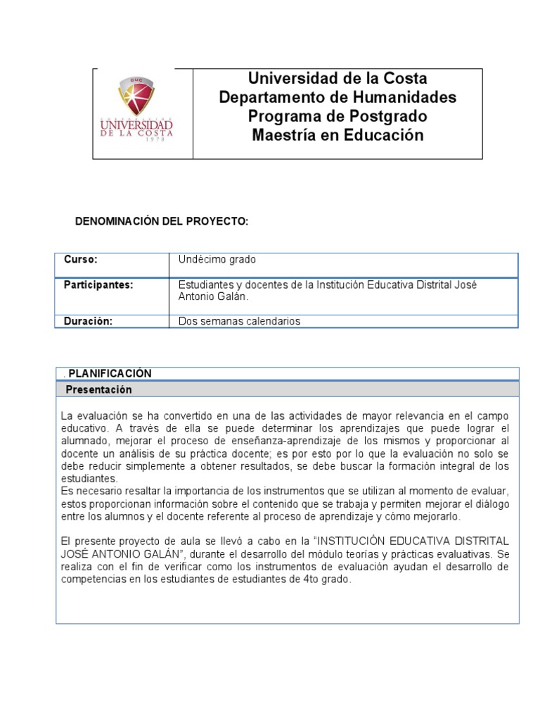 Formato para El PROYECTO DE AULA | PDF | Evaluación | Aprendizaje