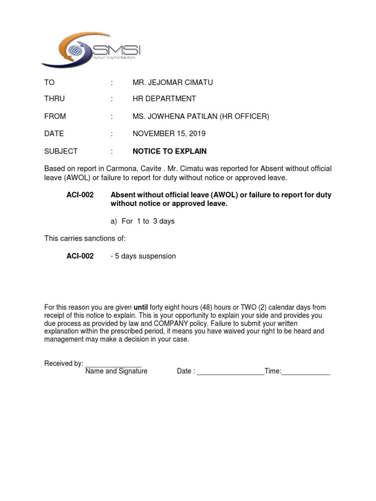 Notice to Explain for AWOL Incident | PDF
