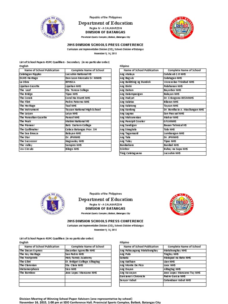 List Of School Papers Rspc Qualifiers Pdf Philippines