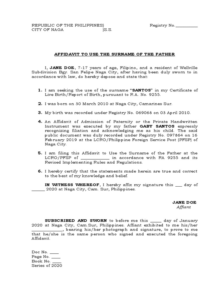 Affidavit To Use The Surname Of The Father 2 PDF