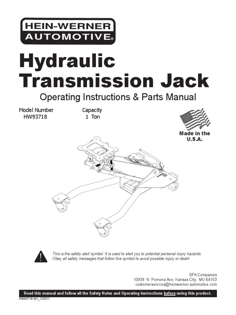 Hydraulic Transmission Jack Operating Instructions & Parts Manual