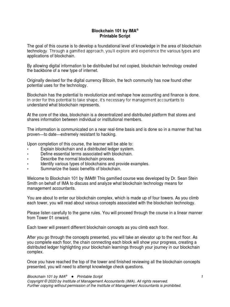 Blockchain 101 By Ima Printable Script Pdf Business Computing And