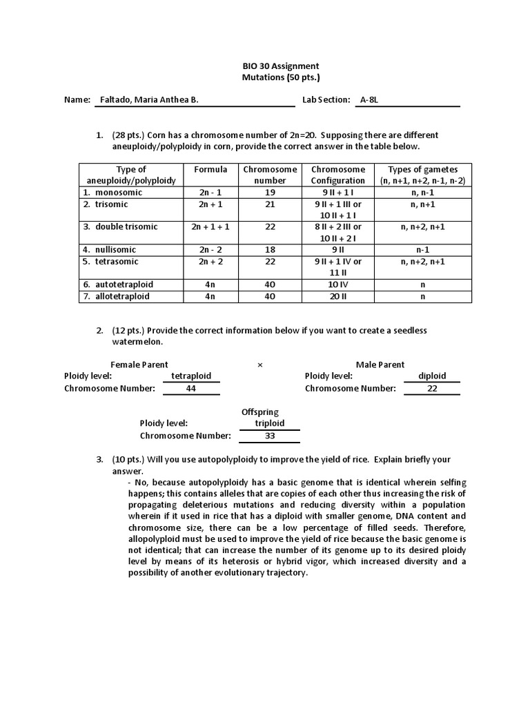 BIO 30 Assignment Mutations (50 PTS.) | PDF | Ploidy | Genetics