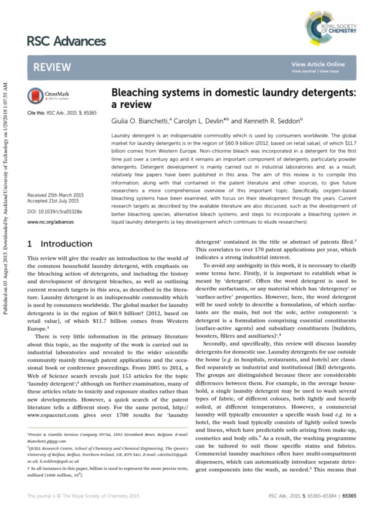 Bleaching Systems In Domestic Laundry Detergents Hydrogen Peroxide Bleach
