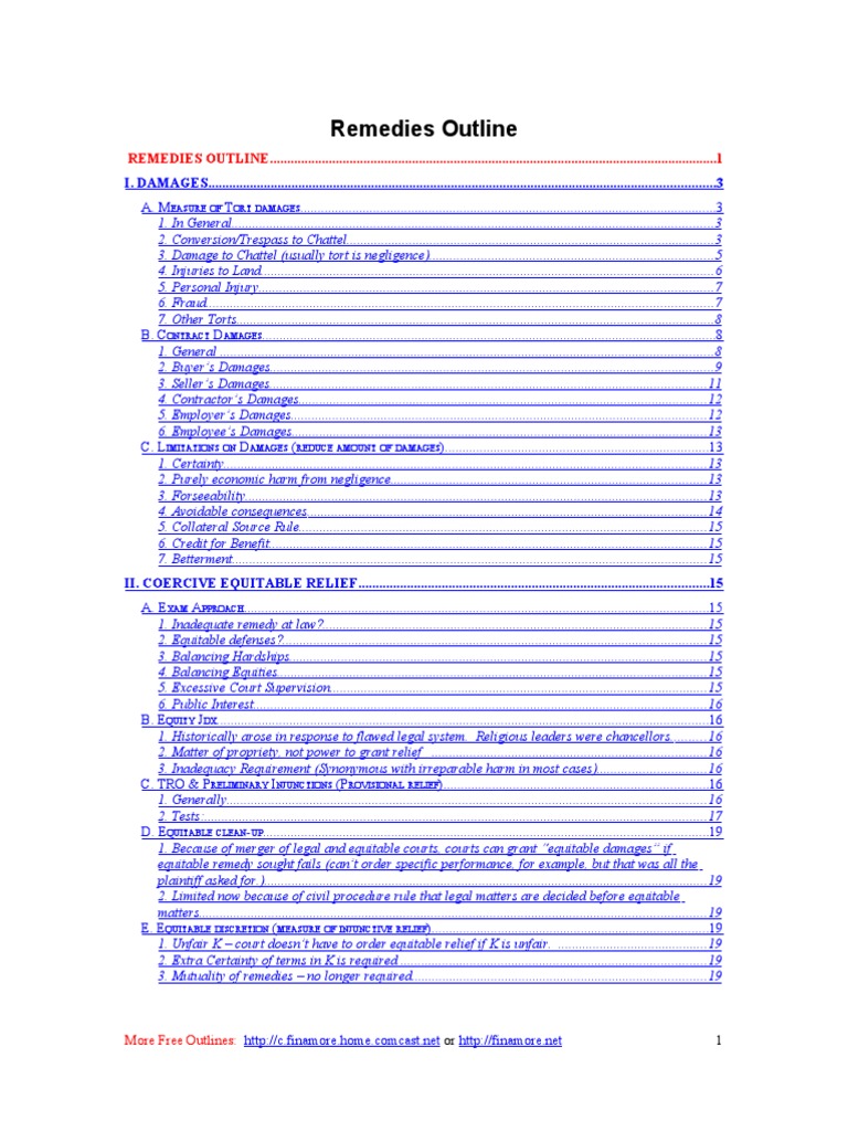 Law School Outline - Remedies | PDF | Equity (Law) | Damages