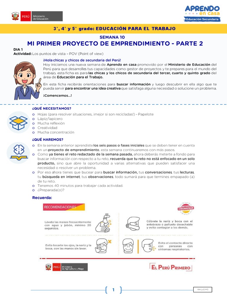 SEMANA 10 - Guia - Mi Primer Proyecto de Emprendimiento II 3°-5° | PDF