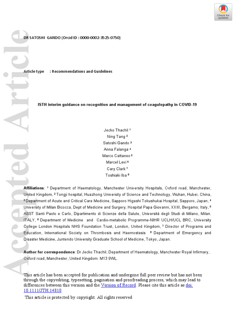 ISTH Interim Guidance On Recognition and Management of Coagulopathy in ...