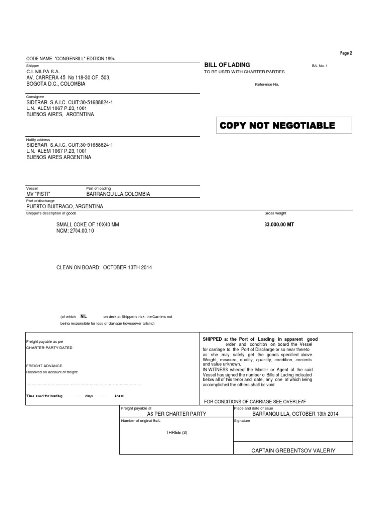 Bl Congenbill 1994 Small Coke Of 10x40 Mm Trade Water Transport