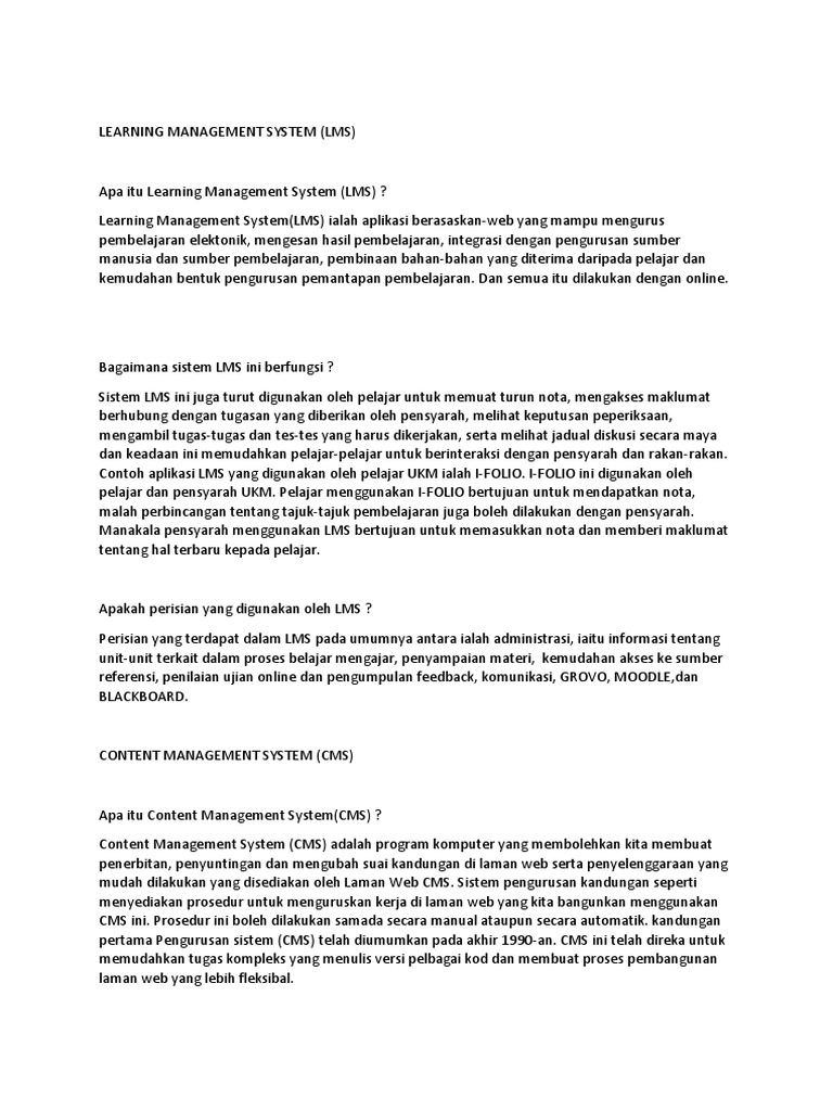 Perbandingan LMS dan CMS dalam Pembelajaran | PDF | Bisnis | Teknologi ...