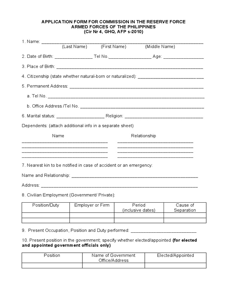 Application Form For Commission in The Reserve Force Armed Forces of ...