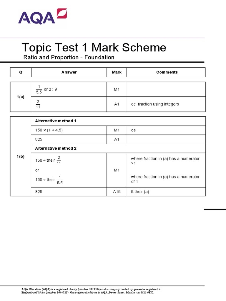 Ratio And Proportion Topic Test 1 F Mark Scheme V1 1 Fraction Mathematics Mathematical Objects