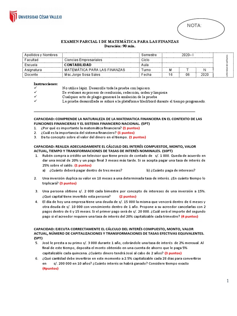 Formato Examen Parcial I de Matemática para Las Finanzas | PDF ...