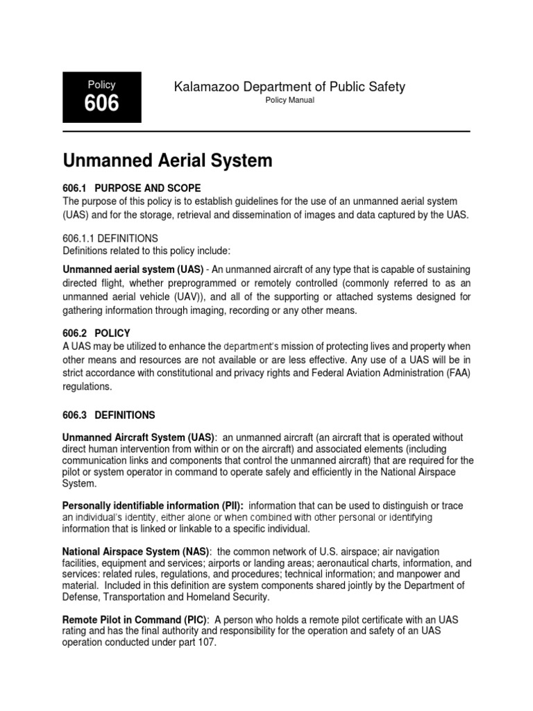 Kalamazoo UAS Policy Manual | PDF | Unmanned Aerial Vehicle | Federal ...
