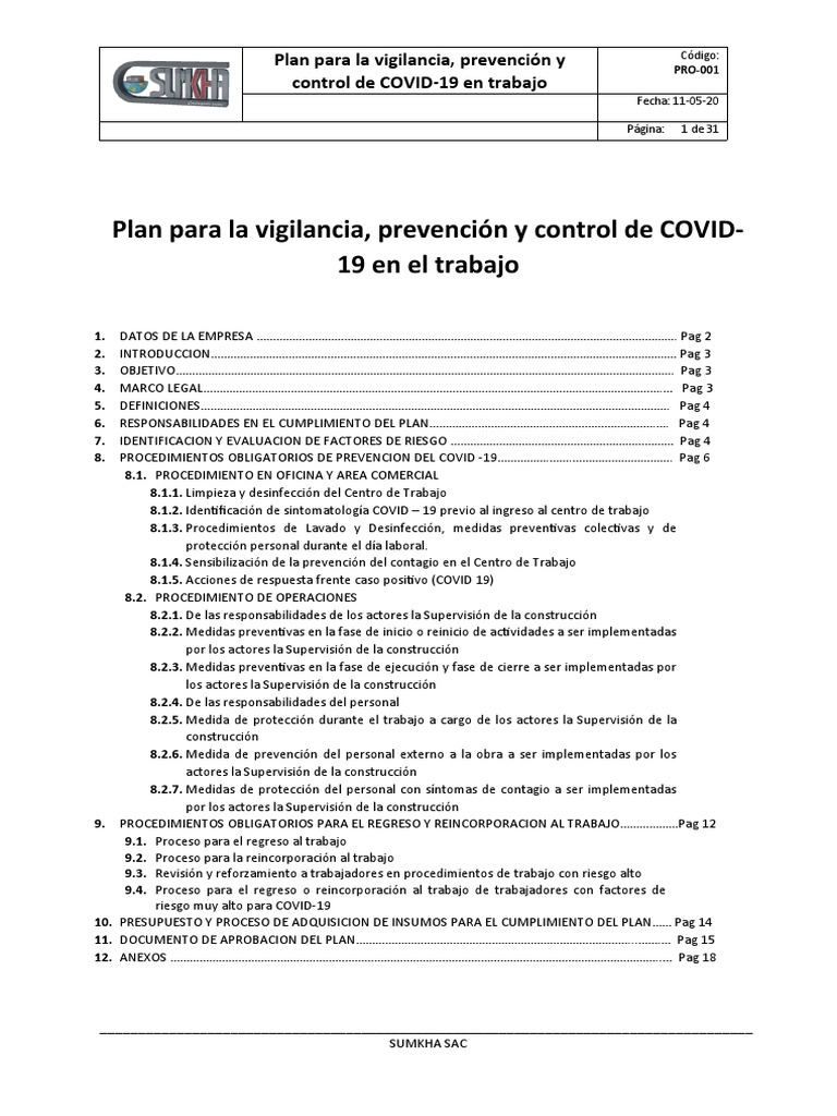Plan de Vigilancia, Prevencion y Control de COVID 19 en El Trabajo ...