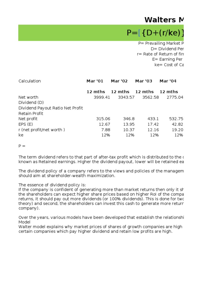 P (D+ (R/ke) ) (E-D) /ke: Walters Model | PDF | Dividend | Revenue