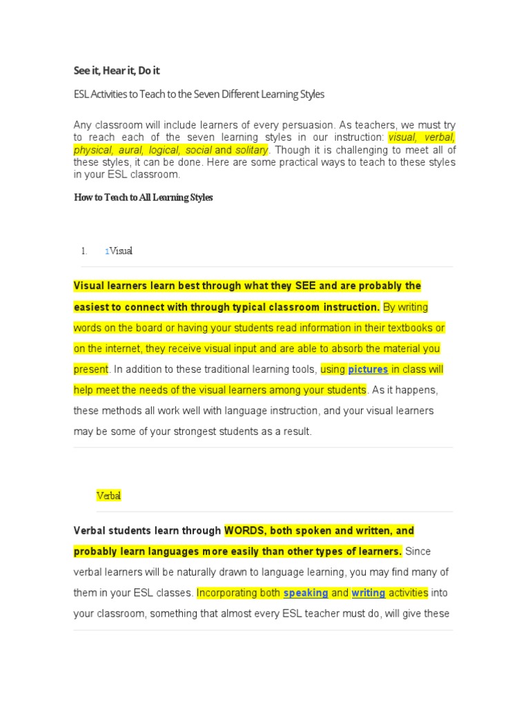 ESL Activities To Teach To The Seven Different Learning Styles | PDF ...