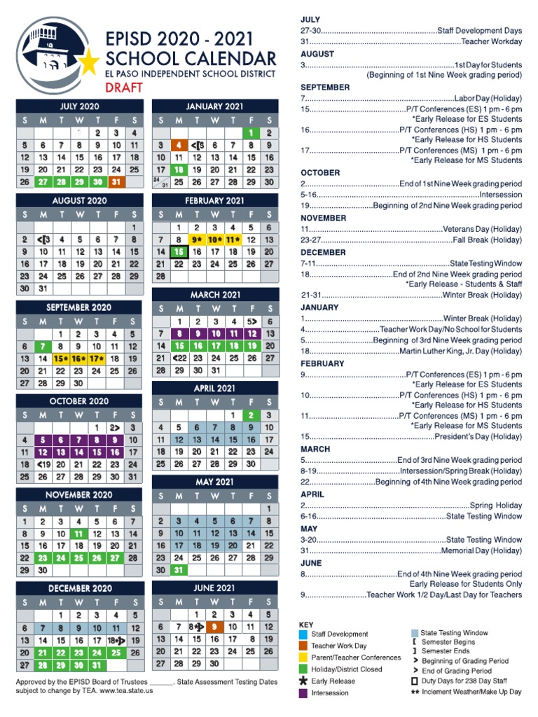 Final - 2020-21 Episd Student Calendar 6.04.20 | Pdf