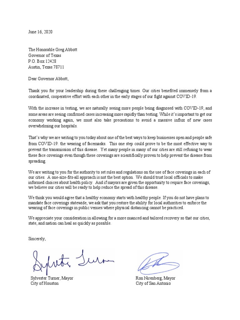Mayors' Mask Letter To Gov. Greg Abbott | PDF