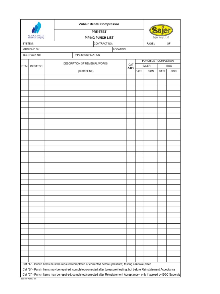 Pretest Piping Punch List (Empty) PDF