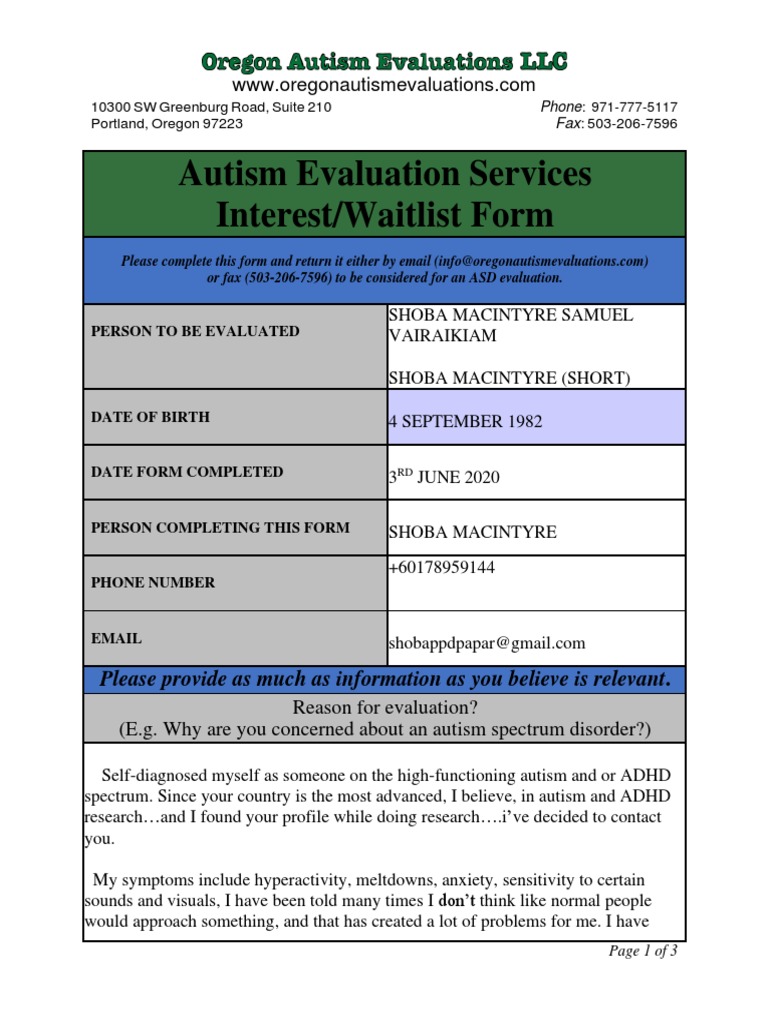 Autism Adhd Evaluation PDF | PDF | Autism | Autism Spectrum