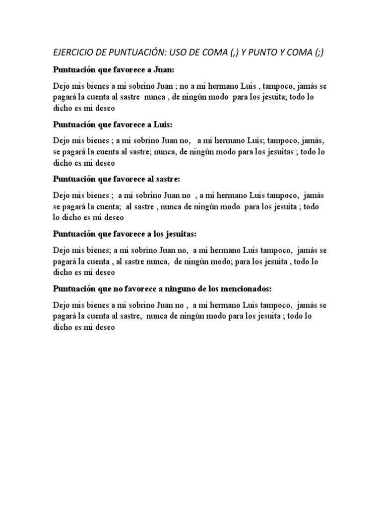 Ejercicio de Puntuación: Uso de Coma (,) Y Punto Y Coma ( ) | PDF