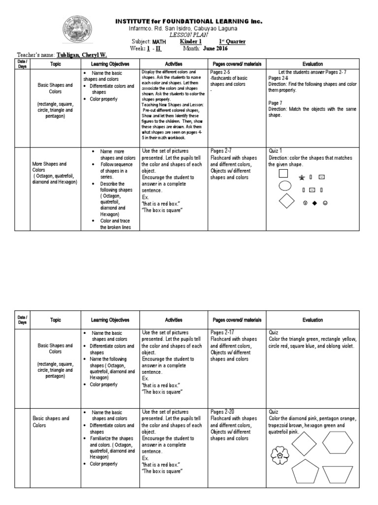 Kinder 1 Math Lesson Plan: Shapes & Sizes | PDF | Shape | Lesson Plan