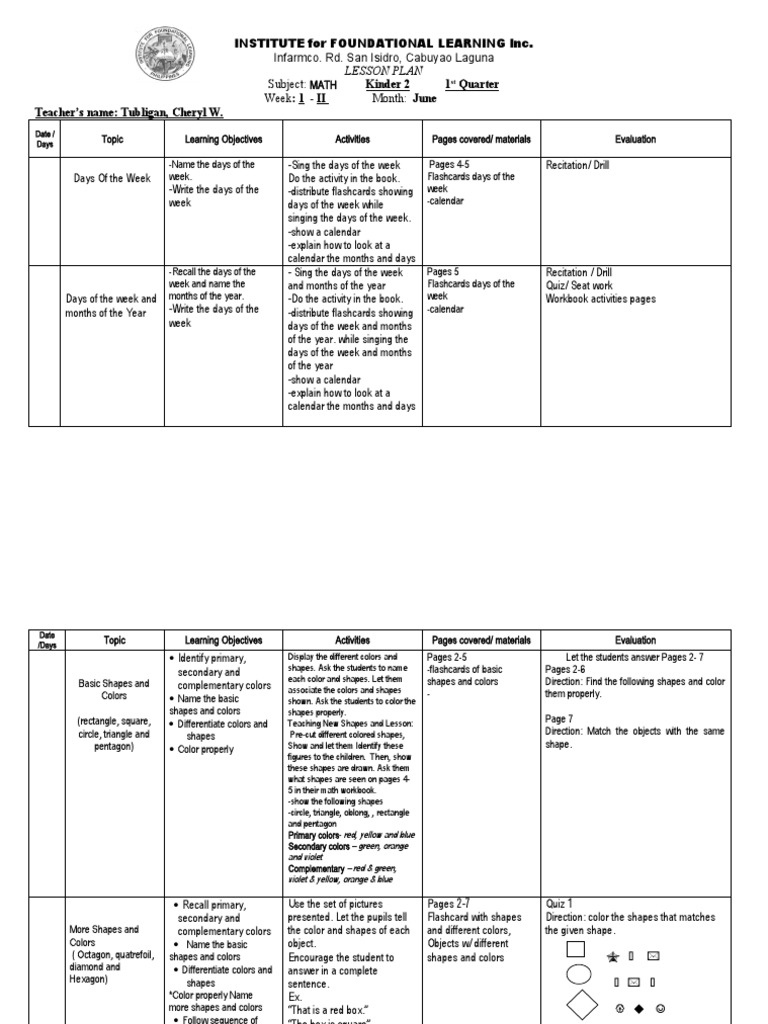 Kinder 2 Math Lesson Plan Overview | PDF | Shape | Elementary Geometry