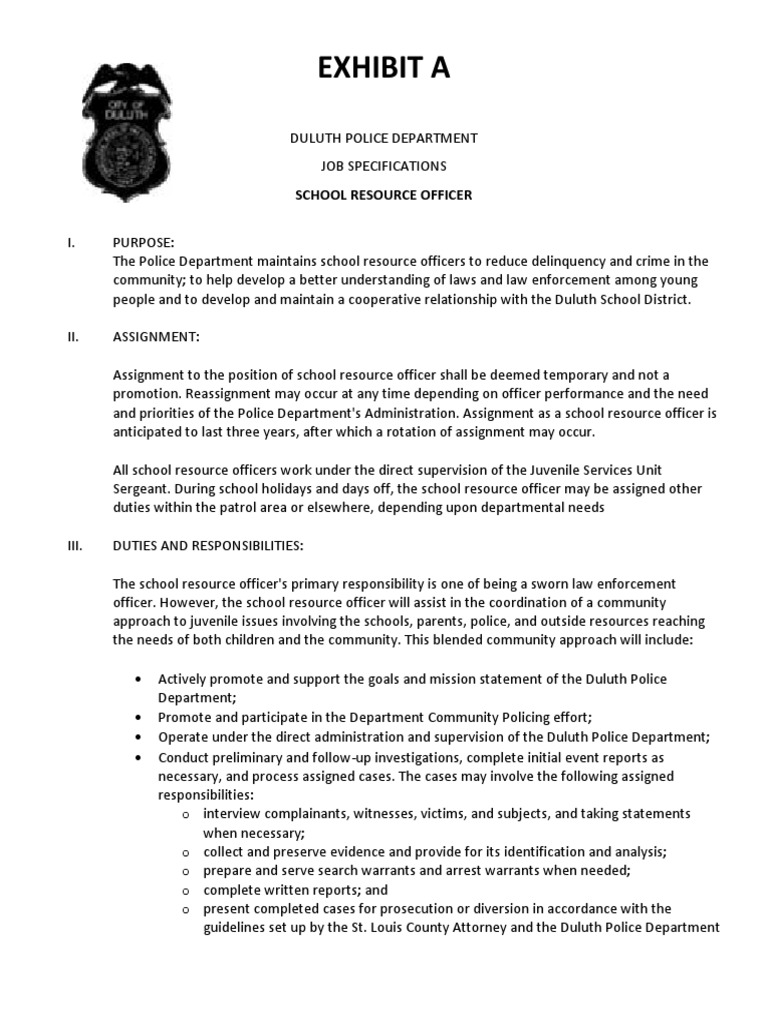 Duluth Police Department School Resource Officer Description PDF