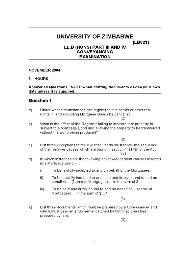 University of Zimbabwe (LB021) LL.B (Hons) Part Iii and Iv