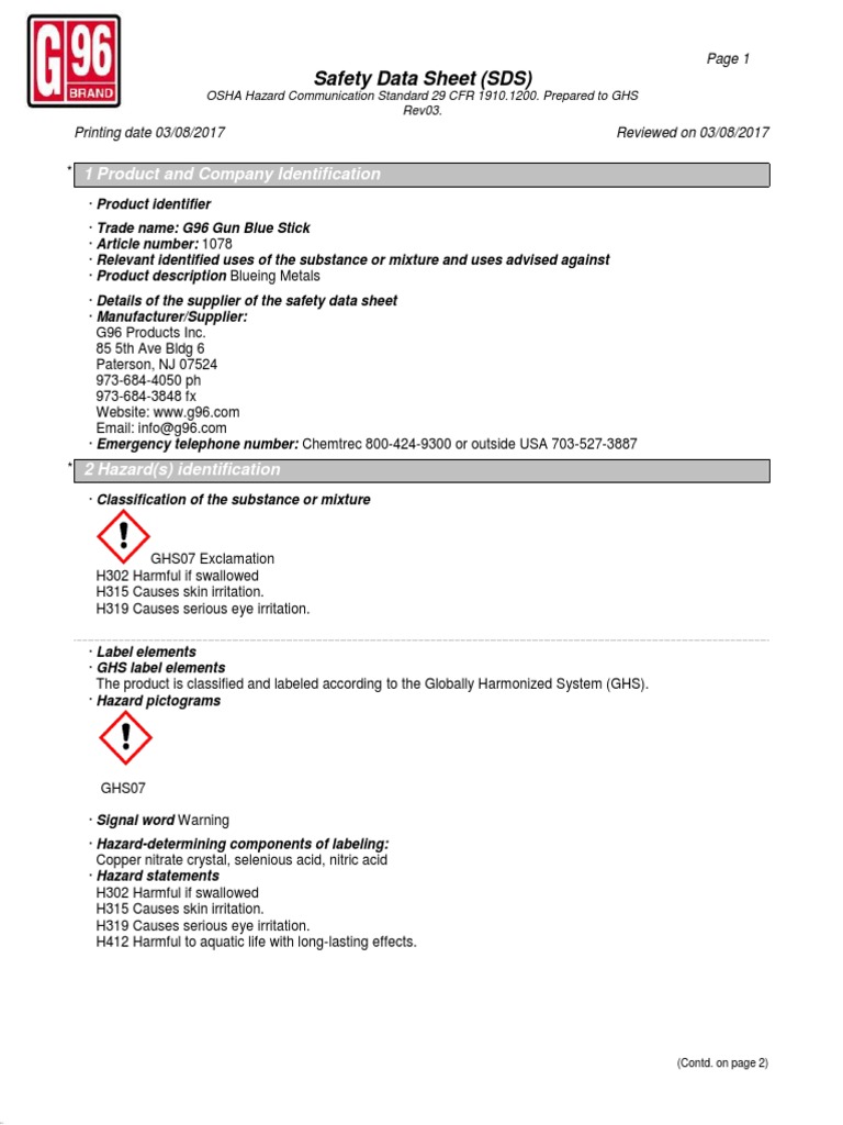 Safety Data Sheet (SDS) : 1 Product and Company Identification | PDF ...