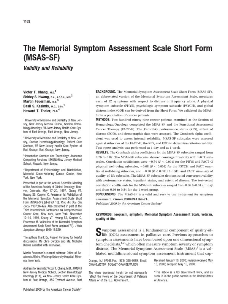 The Memorial Symptom | PDF | Quality Of Life | Cancer