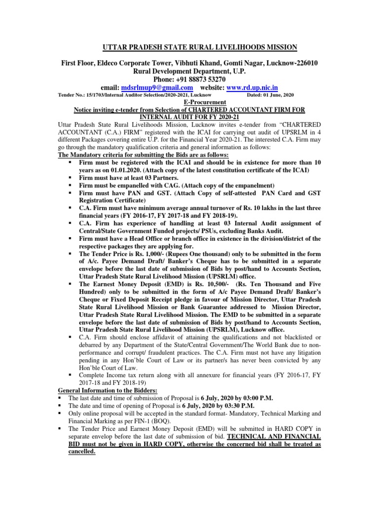 UPSRLM Internal Auditor Tender Notice | PDF | Internal Control | Audit
