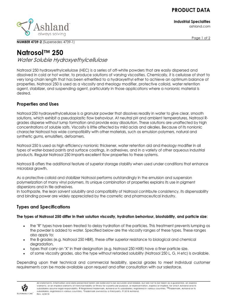 Natrosol HEC Grade All Grades June 2018 | PDF | Emulsion | Rheology