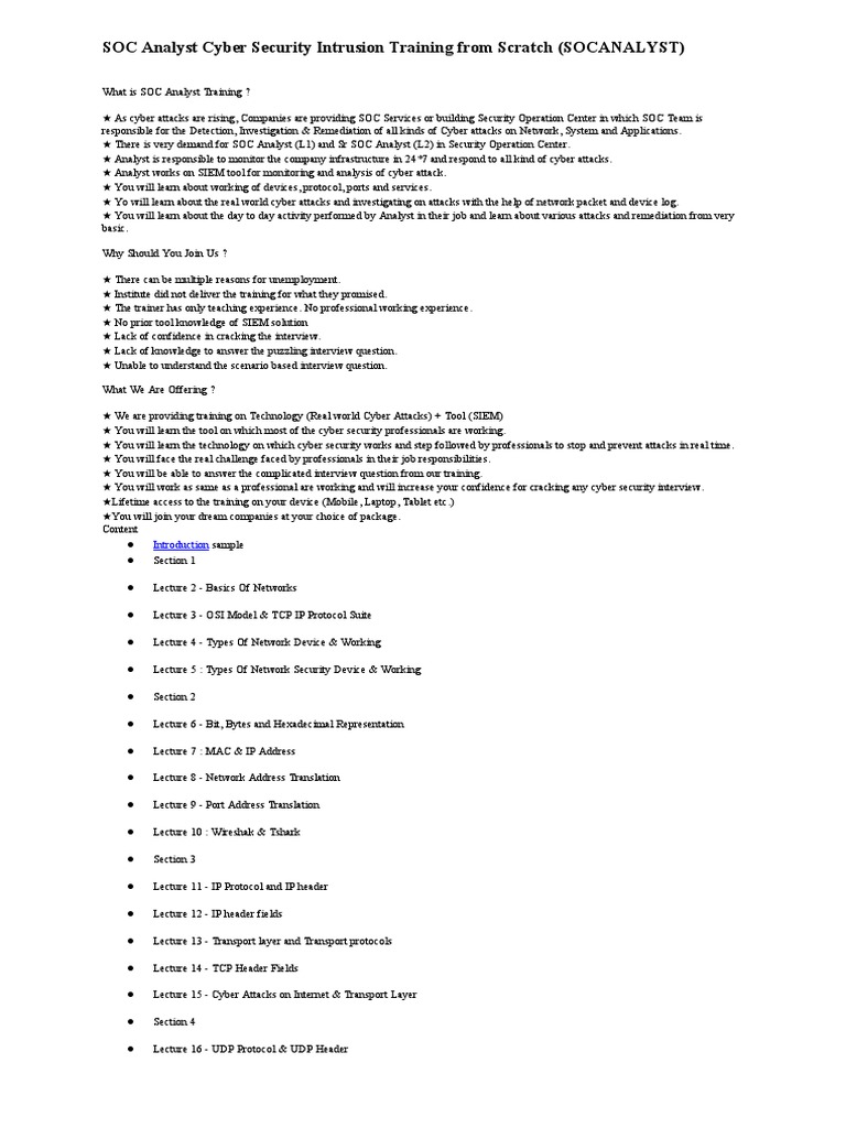 SOC Analyst Cyber Security Intrusion Training From Scratch | PDF ...
