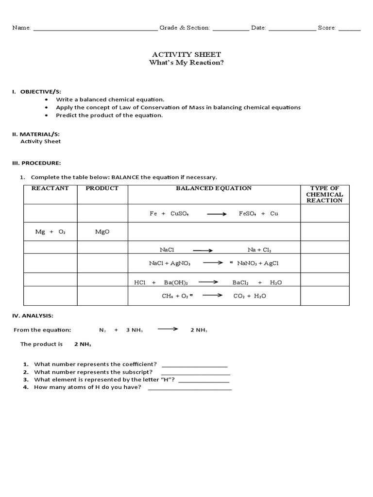 Balancing Chemical Equations Activity Sheet | PDF