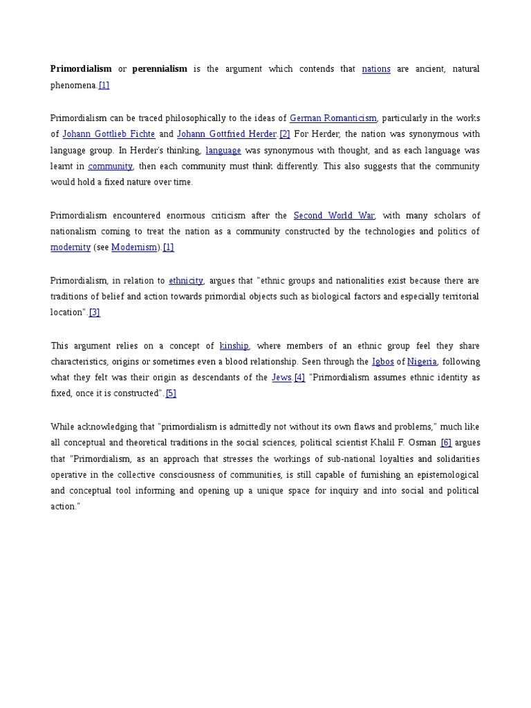 Primordialism or Perennialism Is The Argument Which Contends That | PDF ...