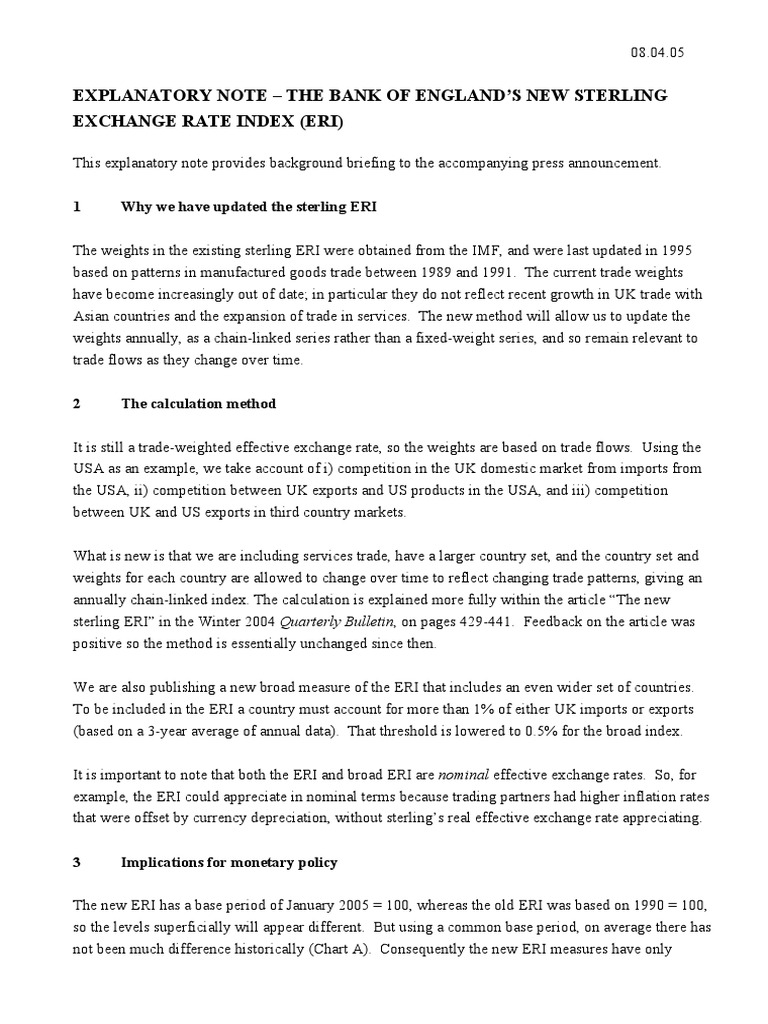 Explanatory Note - The Bank of England'S New Sterling Exchange Rate ...