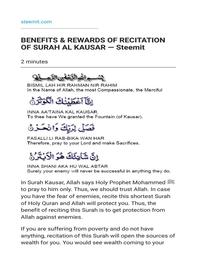Benefits Rewards Of Recitation Of Surah Al Kausar Steemit Pdf