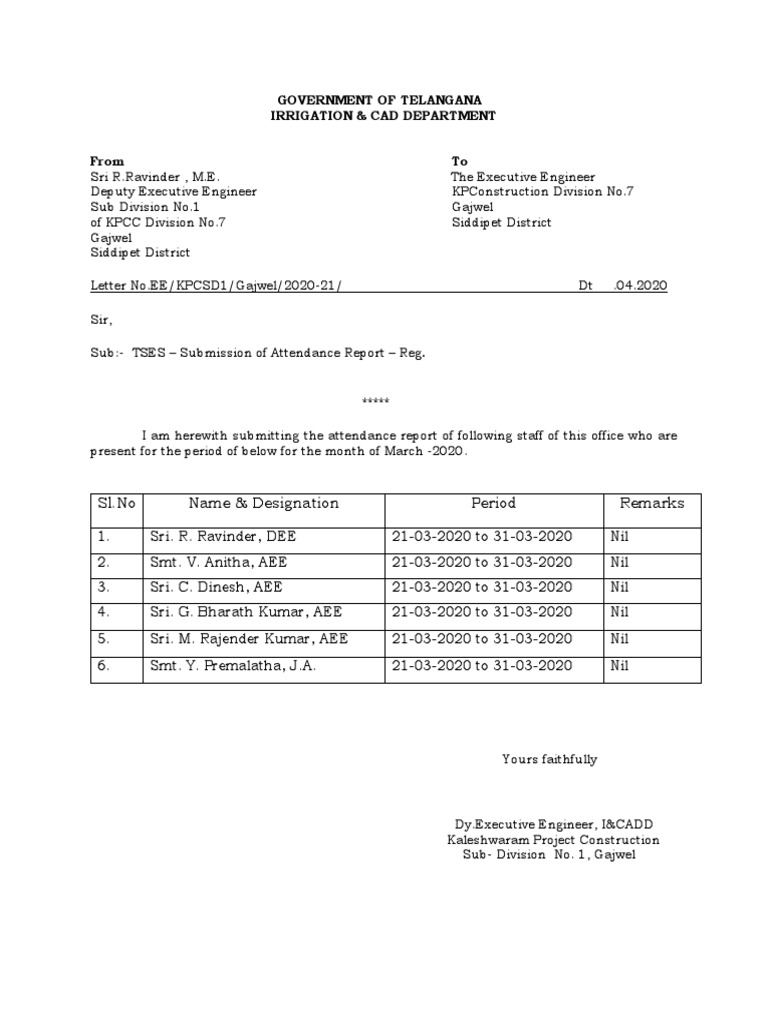 Government of Telangana Irrigation & Cad Department From To SL No
