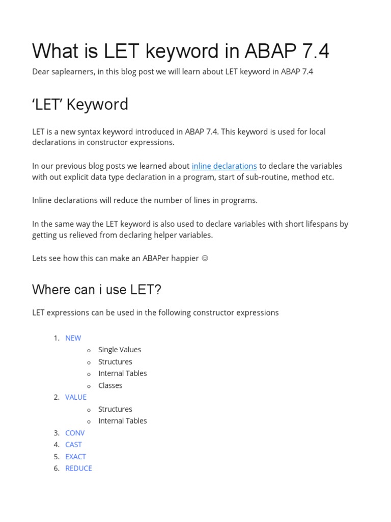 What Is LET Keyword in ABAP 7.40 PDF