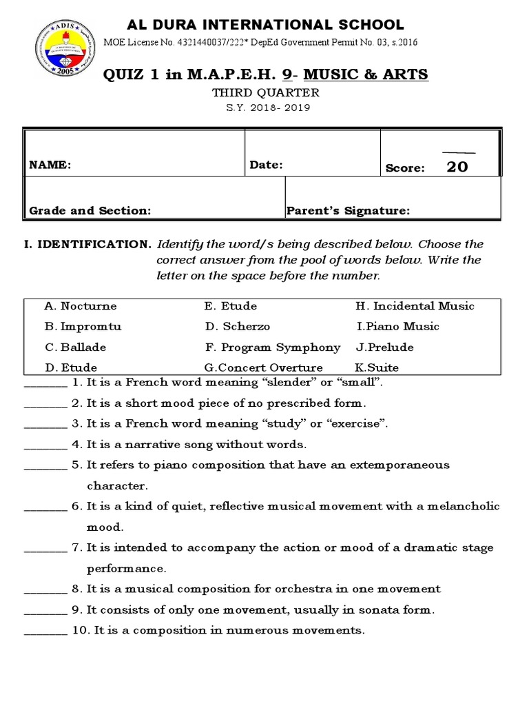 Quiz 1 in M.A.P.E.H. 9Music & Arts Al Dura International School PDF
