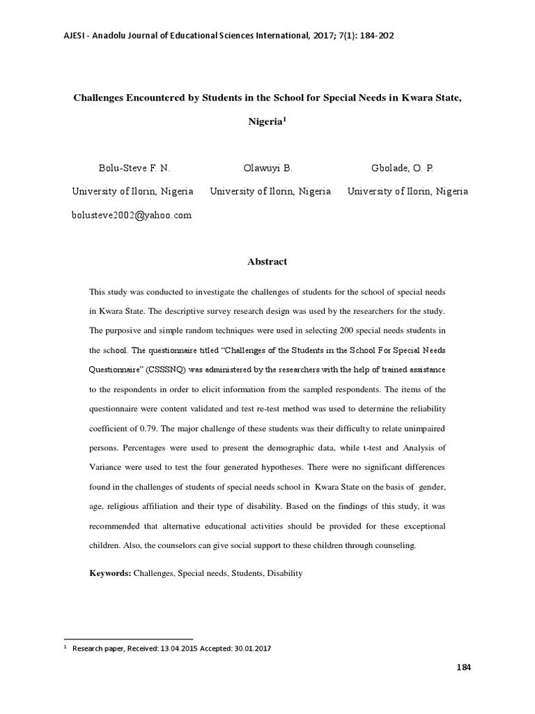 Special Needs Challenges in Kwara | PDF | Special Education | P Value