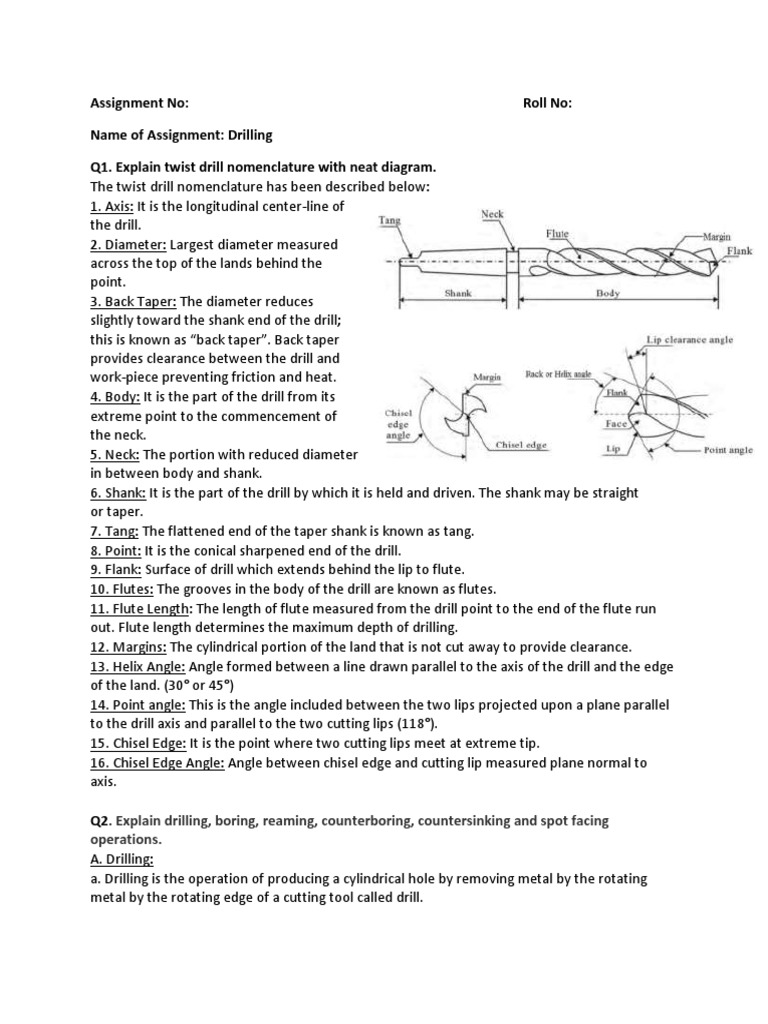 Explain Drilling, Boring, Reaming, Counterboring, Countersinking and