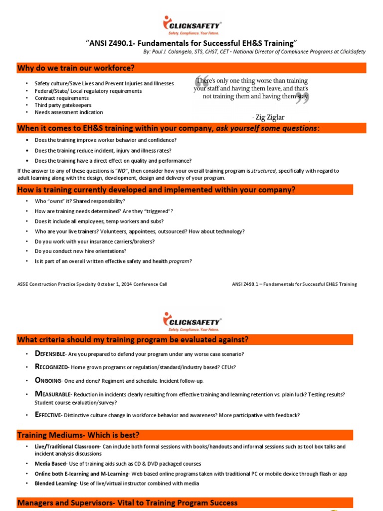 "ANSI Z490.1Fundamentals For Successful EH&S Training" Why Do We