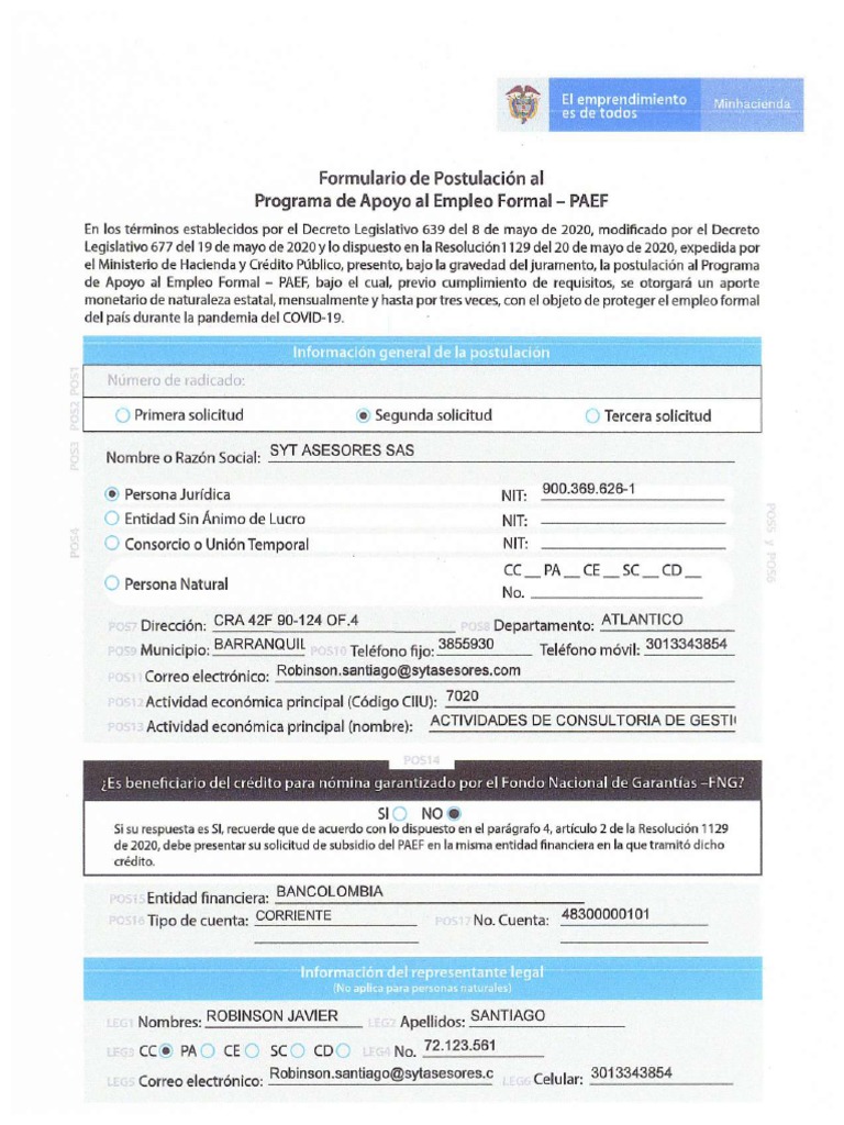 Formulario de Postulacion Al Programa de Apoyo Al Empleo Formal - PAEF ...