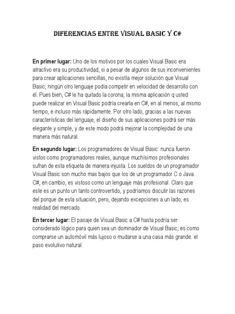 Comparativa entre Visual Basic y C# | PDF