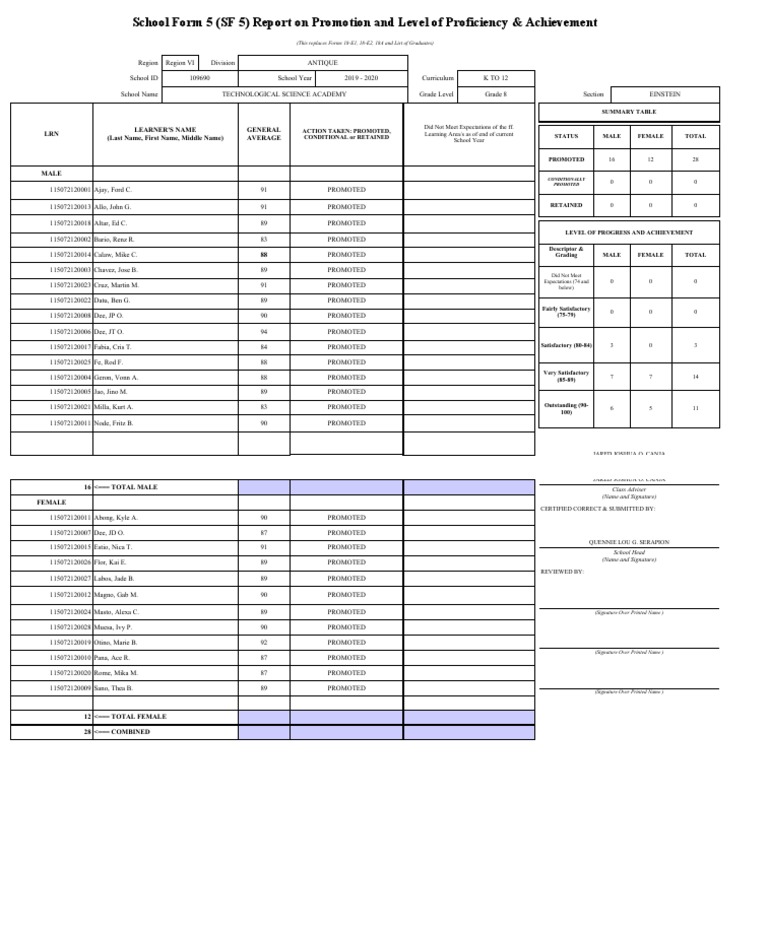 School Form 5 Sf5 Report On Promotion